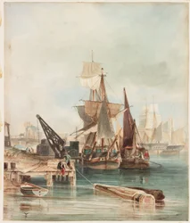 River Scene with Shipping (vartaloväri ja akvarelli paperille (liimattu levylle))